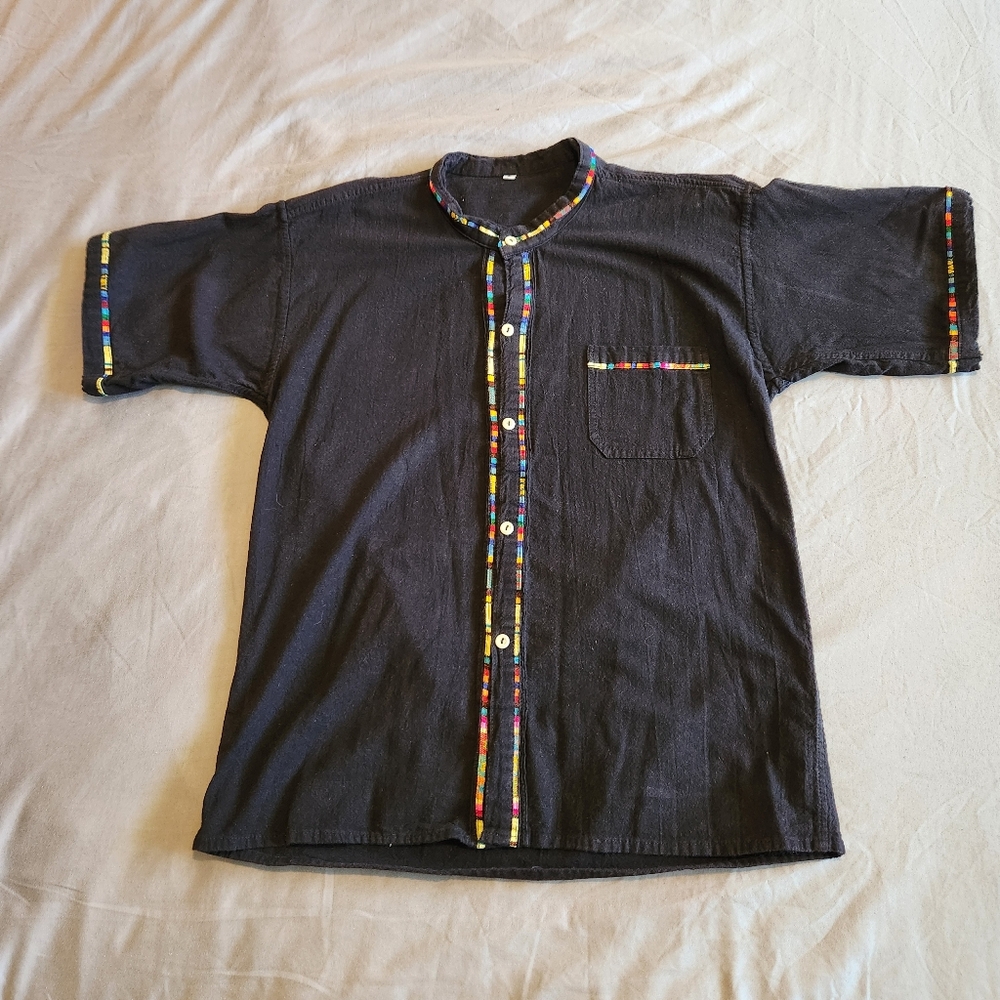 Vintage Artisan Shirt – Black Cotton with Handwoven Trim – Size L